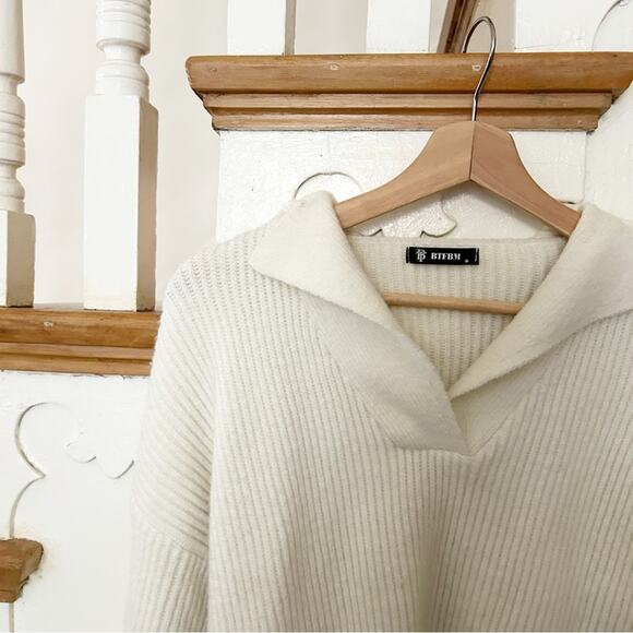 BTFBM Ribbed Knit Sweater Pullover Collared Long Sleeve Ivory Size M Medium - Picture 2 of 5